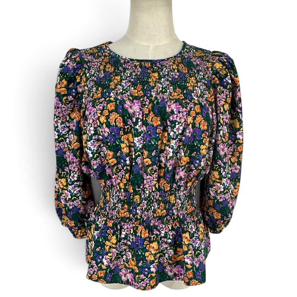 Pleione Floral Smocked Peplum Blouse Green Purple Yellow Puff Sleeve Sm Cottage